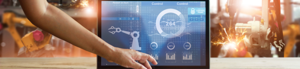 computer showing controls for robots in a manufacturing environment